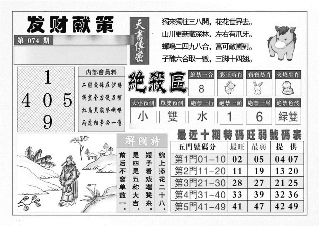 六合彩074期发财献策(特准)(黑白)