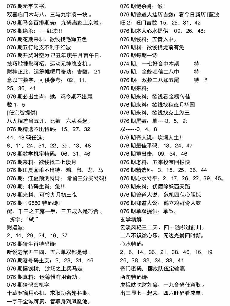 六合彩076期当日电脑综合资料A(黑白)