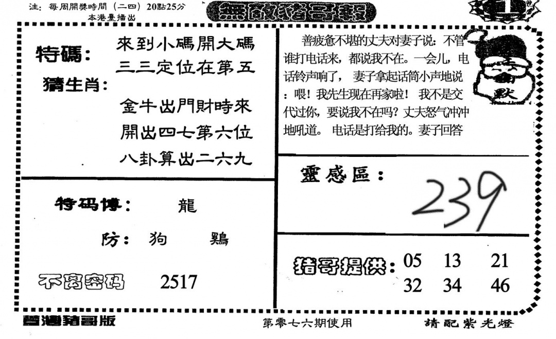 六合彩076期老版无敌猪哥(黑白)