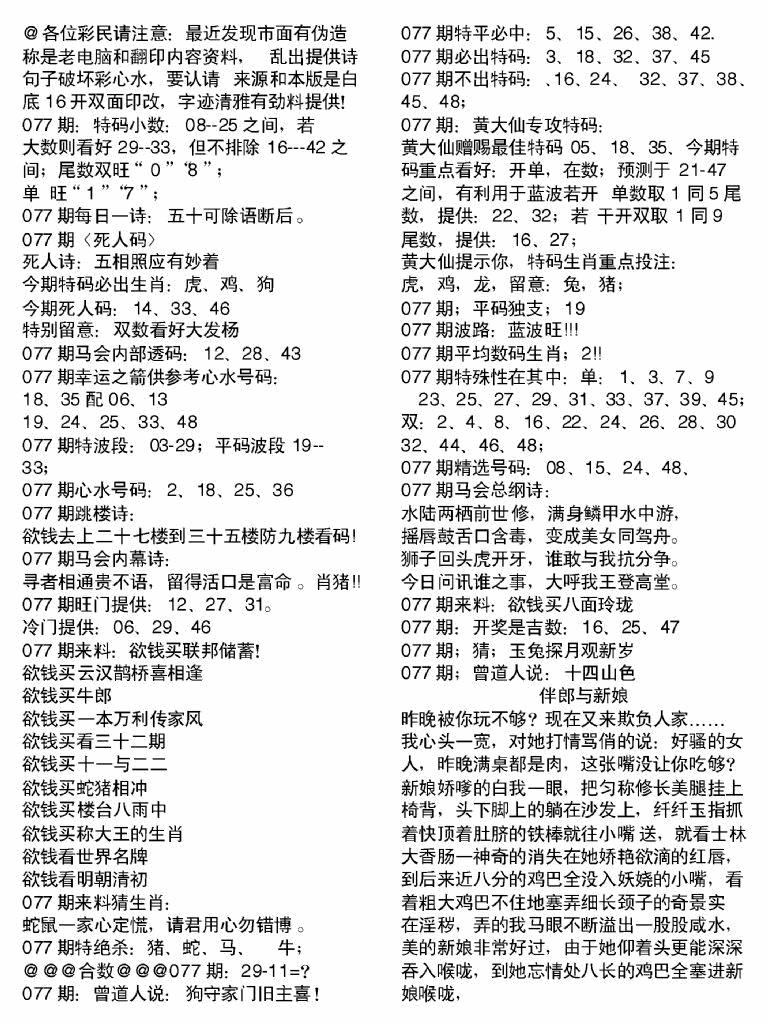 六合彩077期当日电脑综合资料B(黑白)