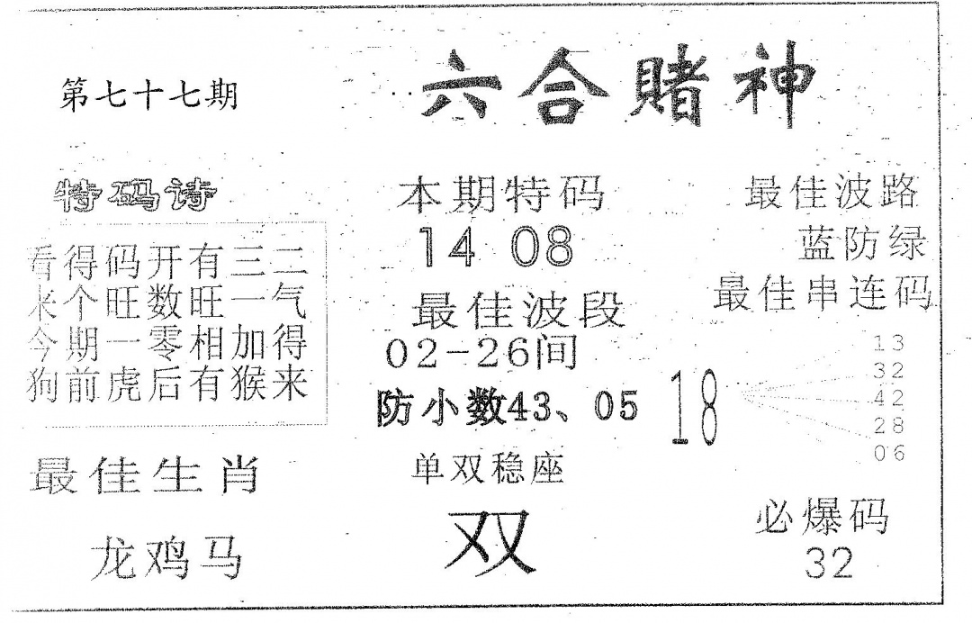 六合彩077期六合赌神(黑白)