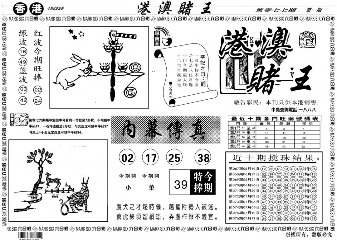 六合彩077期另版港澳赌王A(黑白)