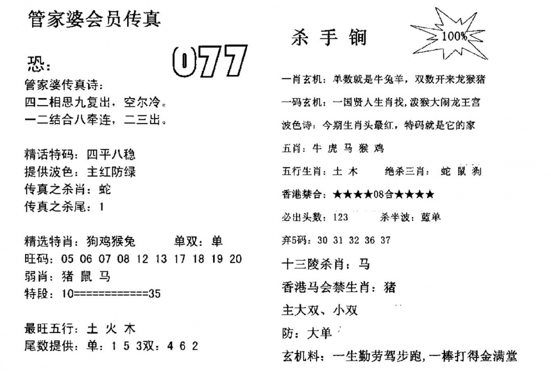 六合彩077期管家婆会员传真(黑白)