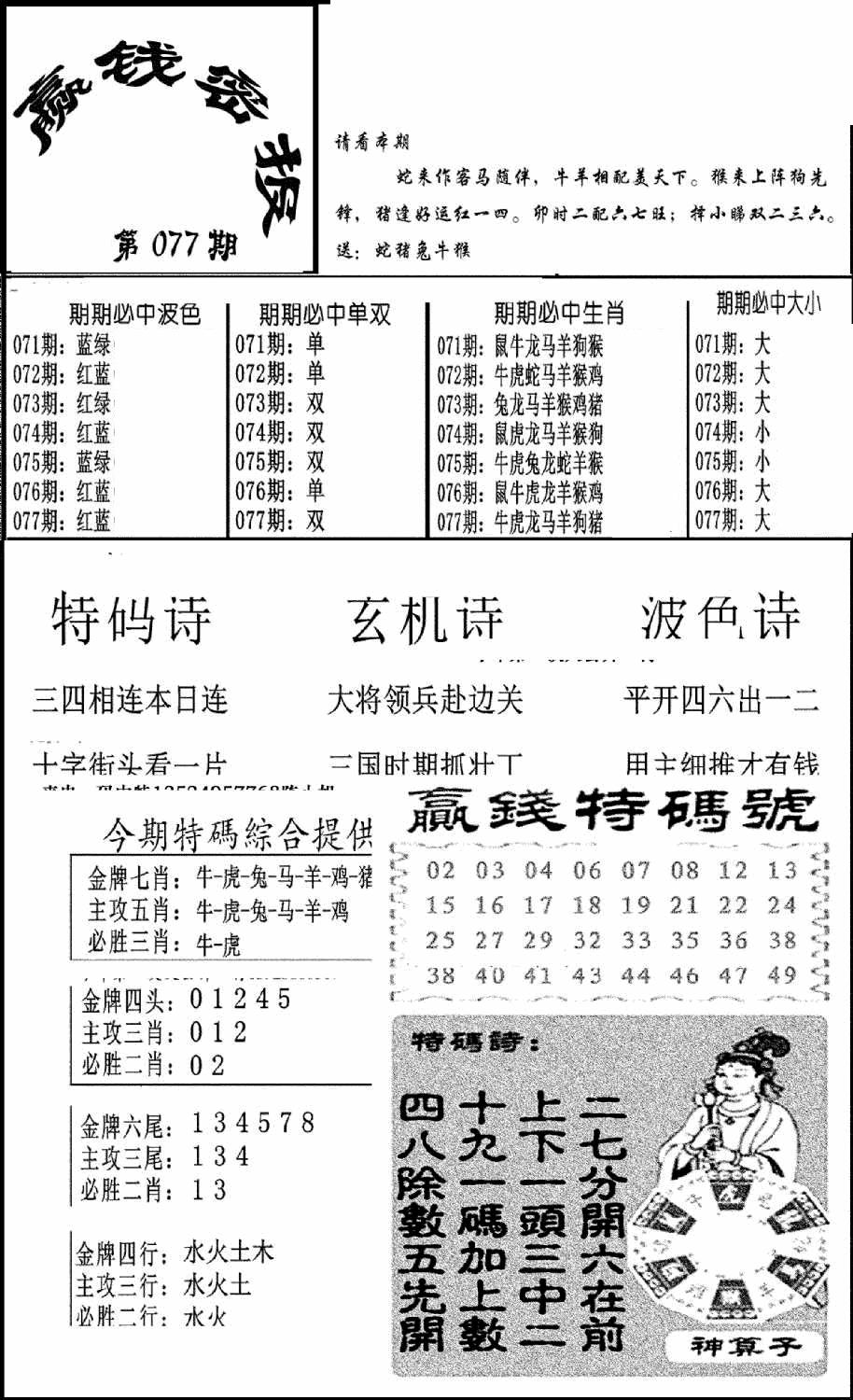 六合彩077期赢钱密报(新图)(黑白)