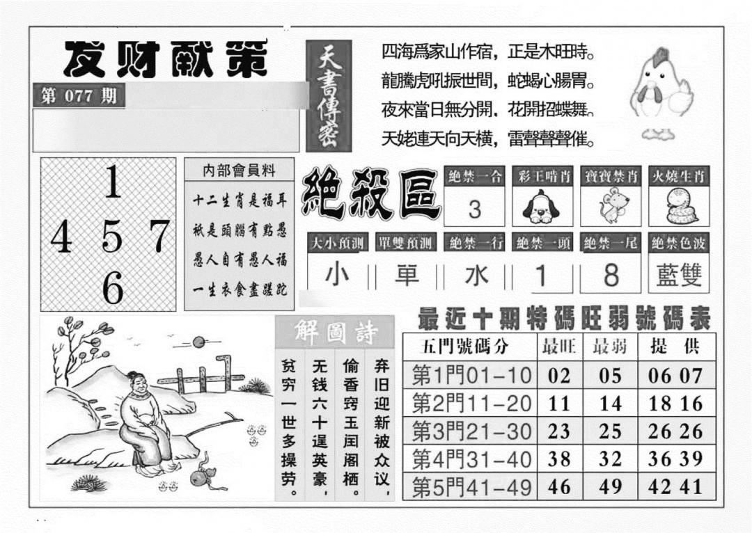 六合彩077期发财献策(特准)(黑白)