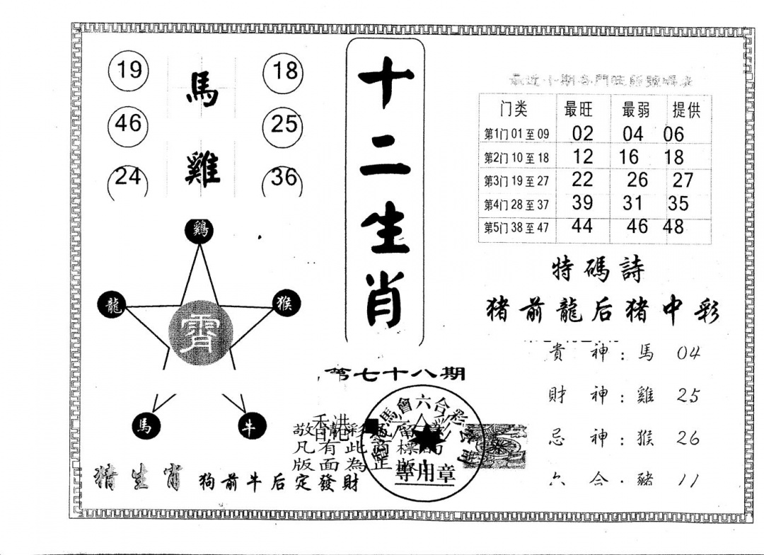 六合彩078期另版十二生肖(黑白)
