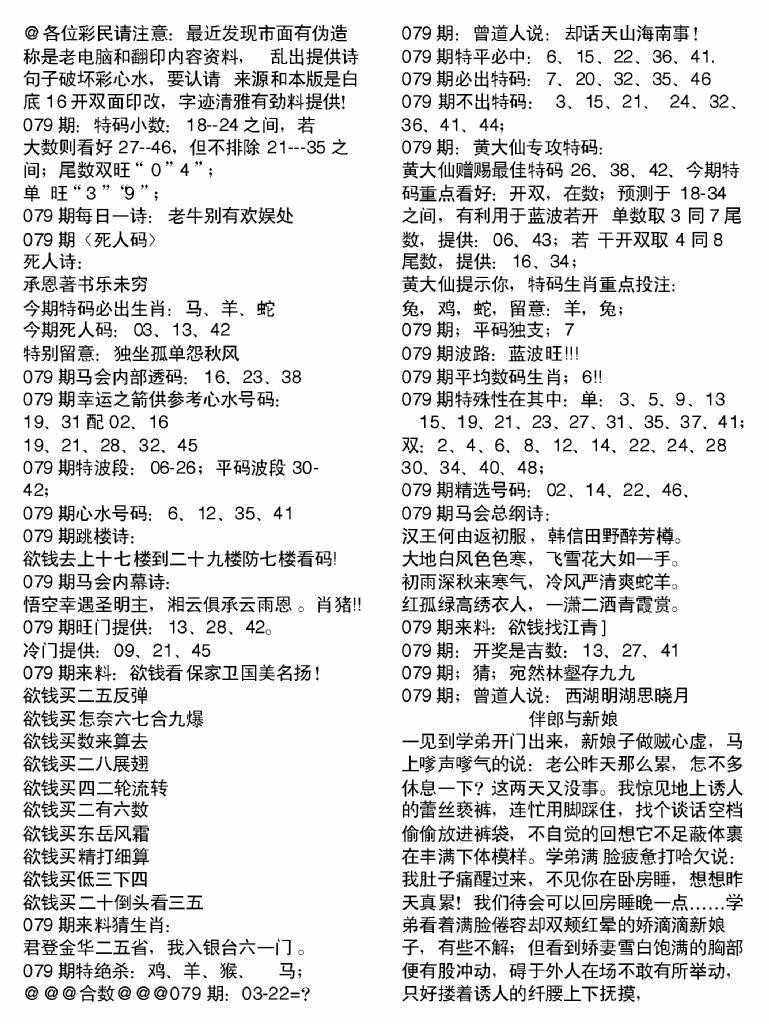 六合彩079期当日电脑综合资料B(黑白)