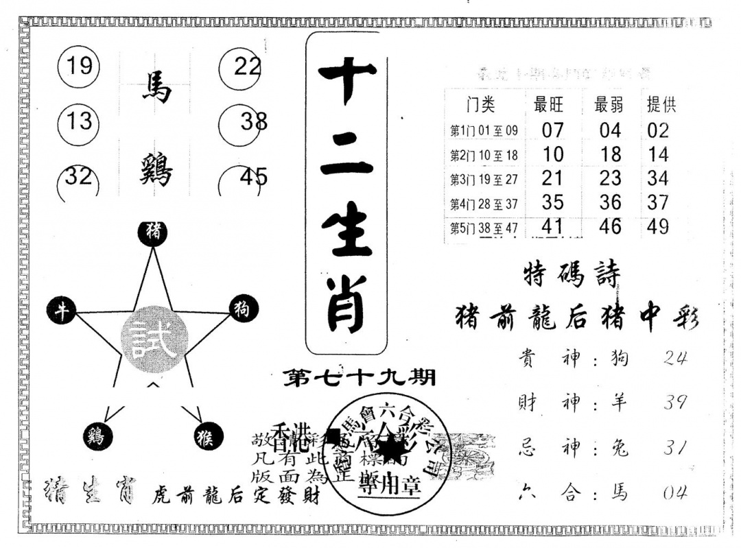 六合彩079期另版十二生肖(黑白)