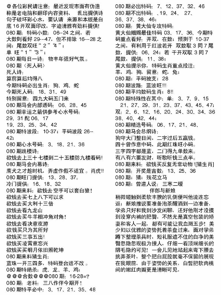 六合彩080期当日电脑综合资料B(黑白)