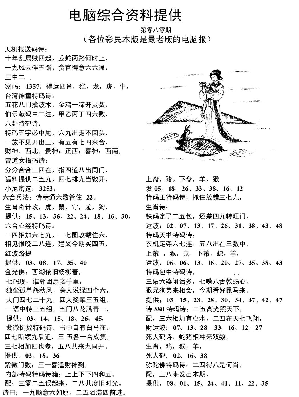 六合彩080期当日电脑综合资料C(黑白)