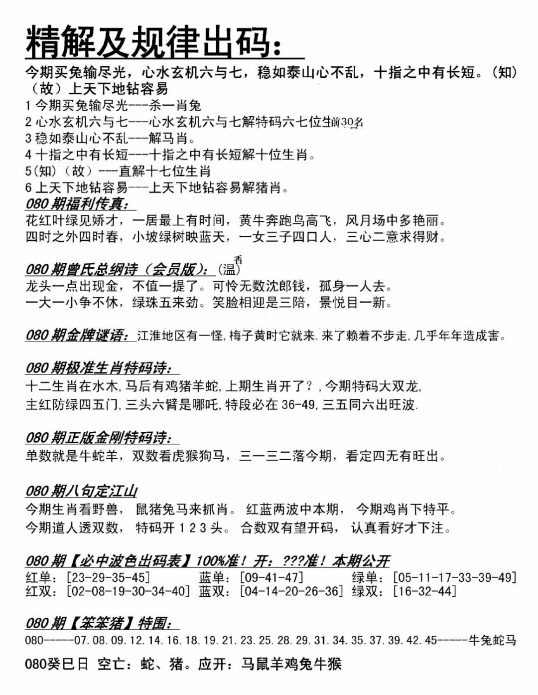 六合彩080期精解及规律出码图(黑白)