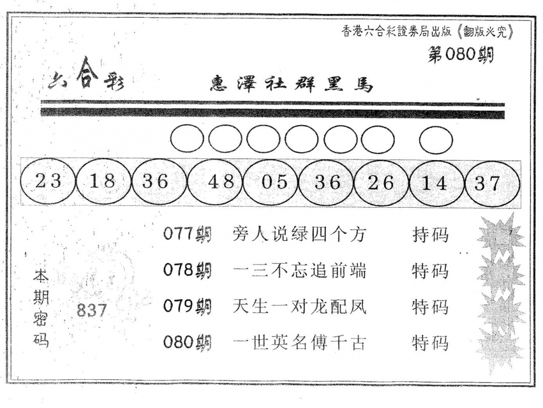 六合彩080期黑马(黑白)