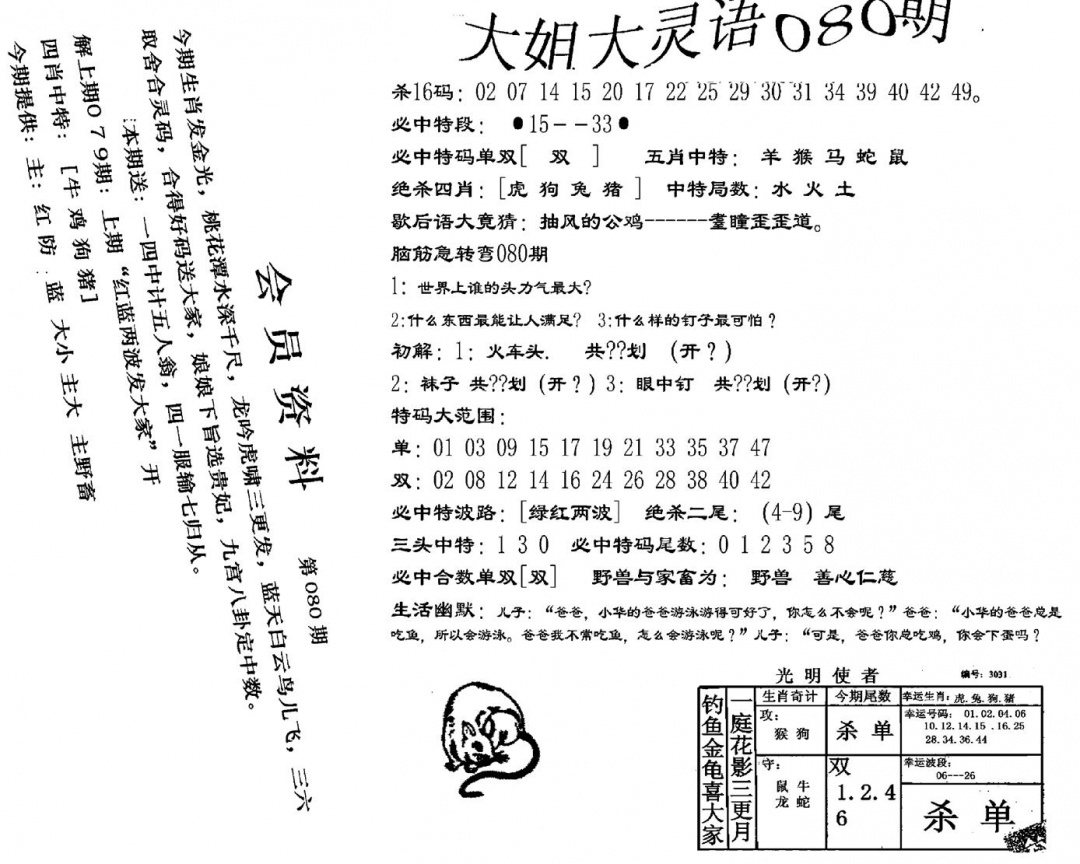 六合彩080期大姐大灵语报(新图)(黑白)