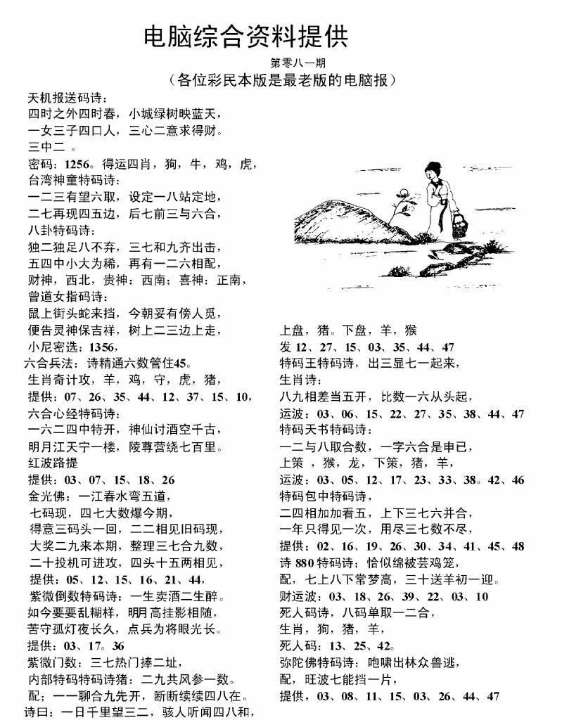 六合彩081期电脑综合资料A(黑白)