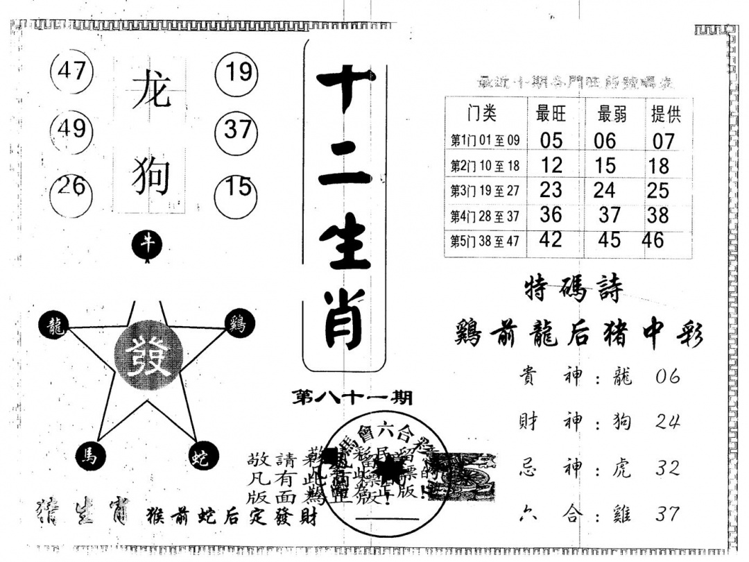 六合彩081期另版十二生肖(黑白)