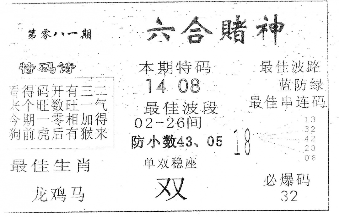 六合彩081期六合赌神(黑白)