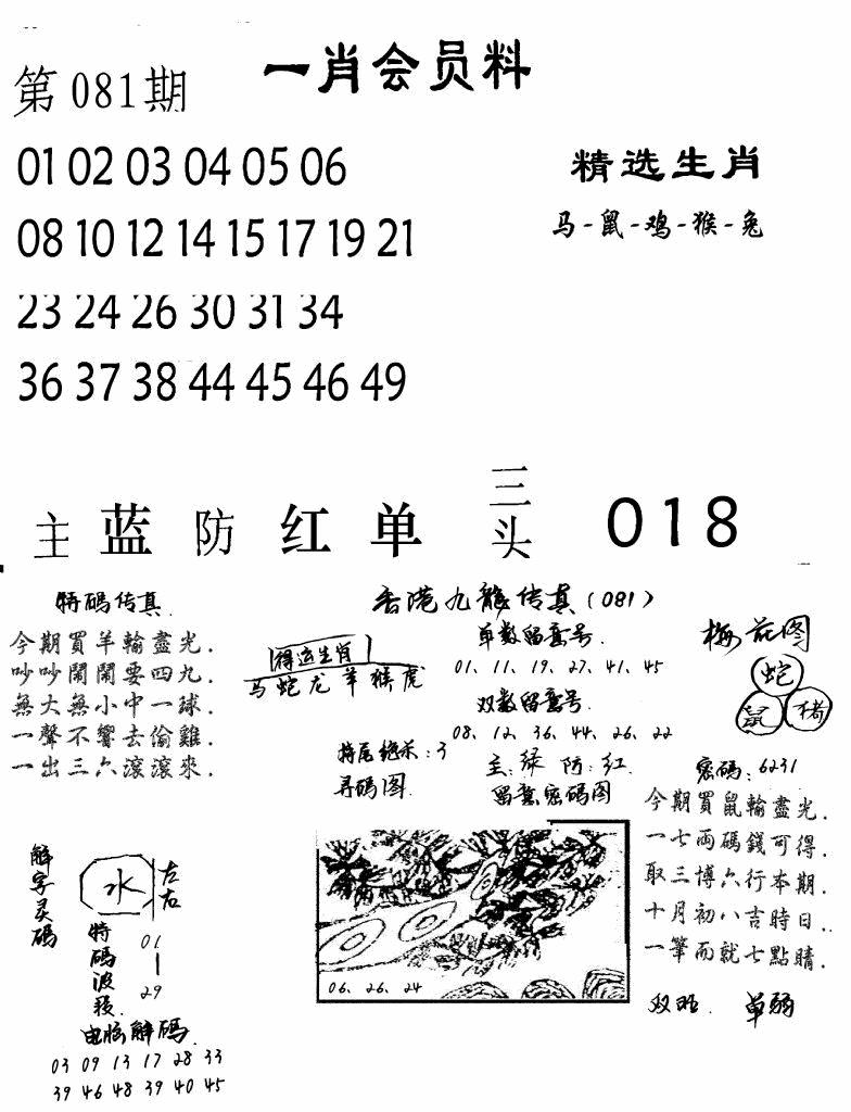 六合彩081期一肖会员料(黑白)