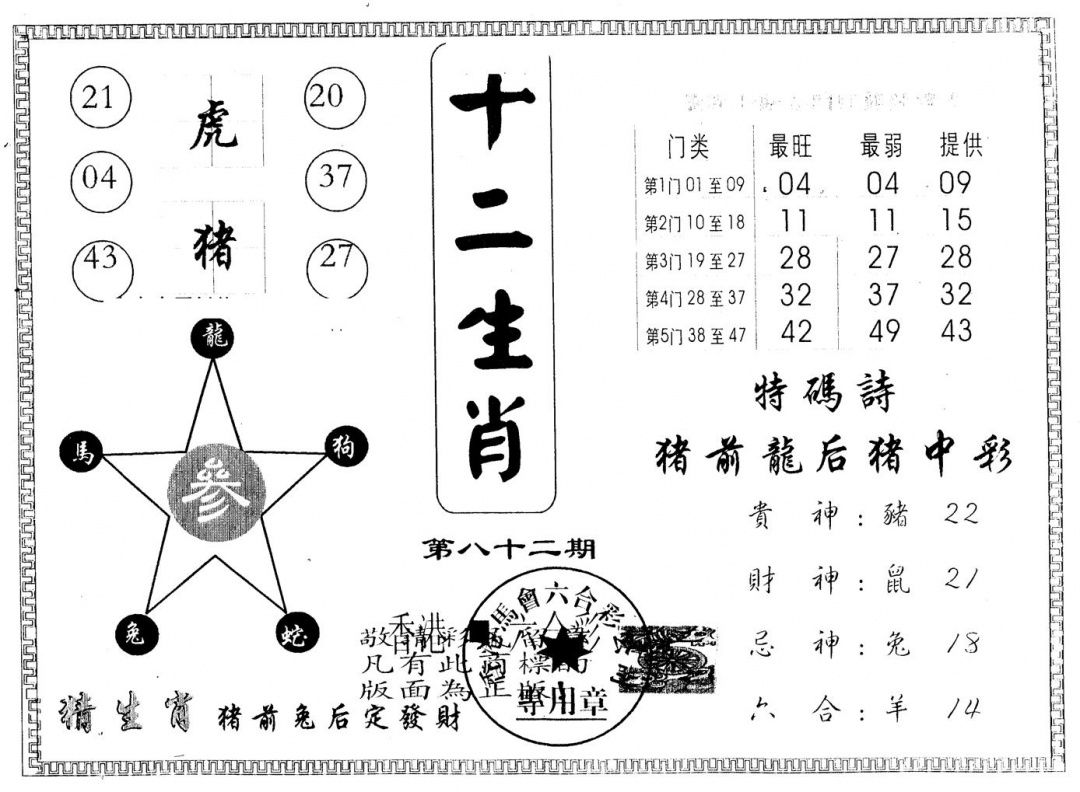 六合彩082期另版十二生肖(黑白)