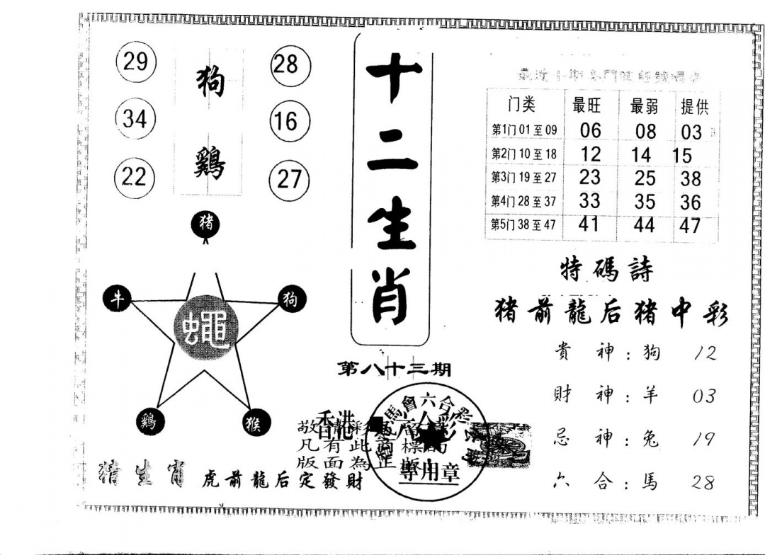 六合彩083期另版十二生肖(黑白)