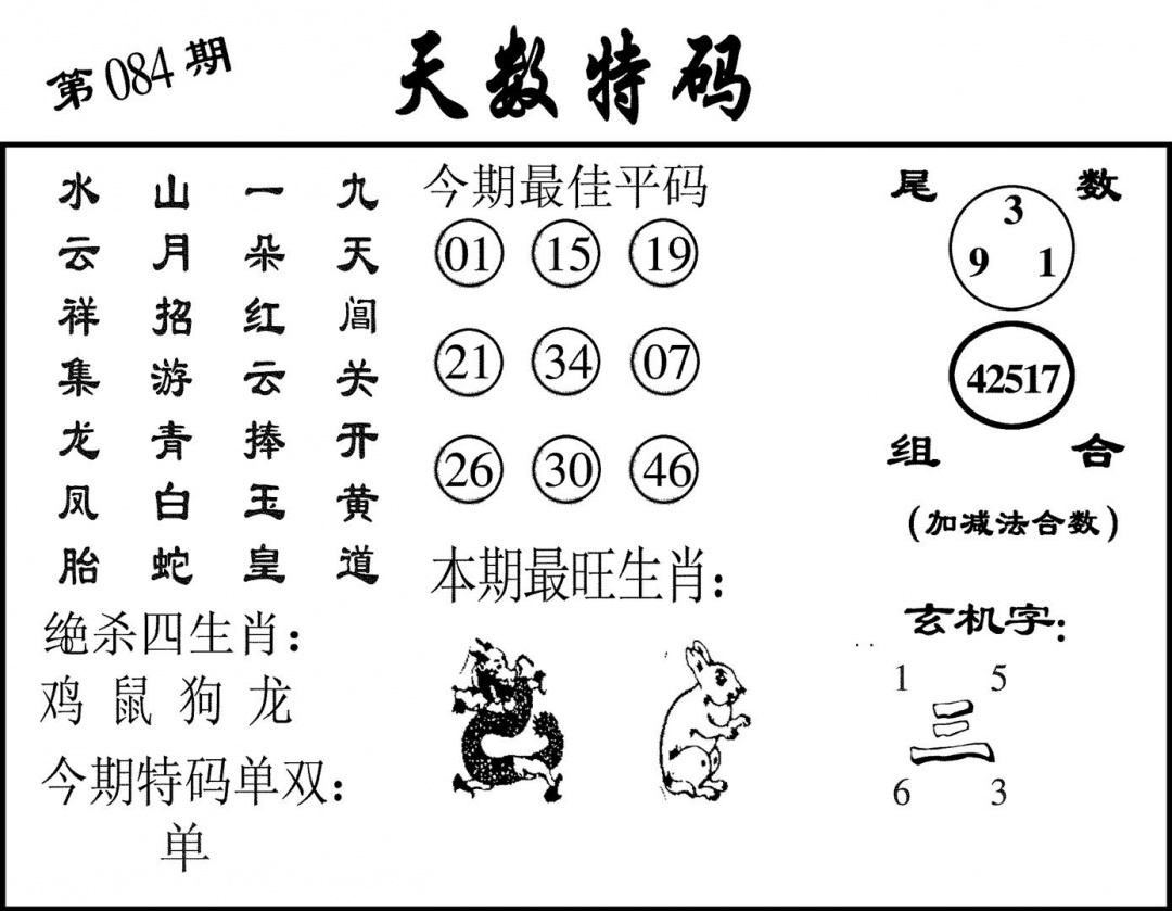 六合彩084期天数特码(黑白)