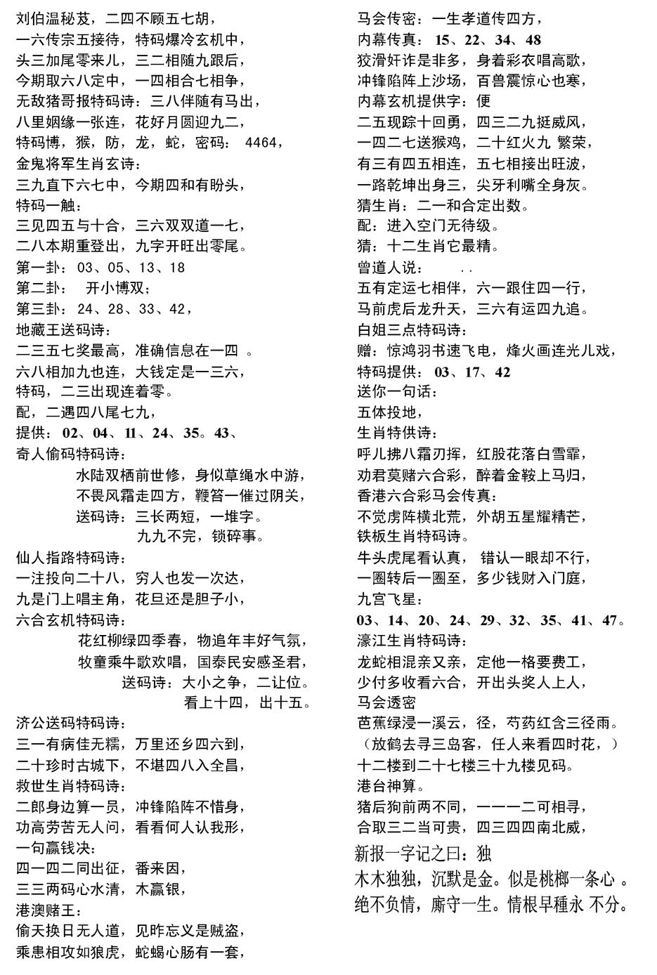 六合彩084期当日电脑综合资料D(黑白)