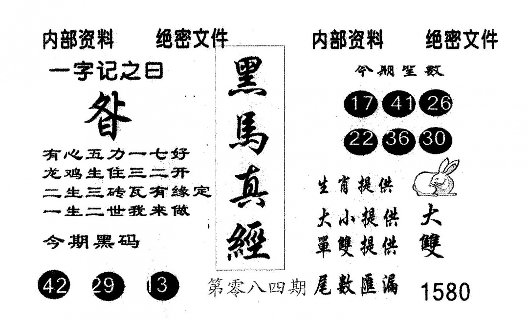六合彩084期黑马真经(黑白)