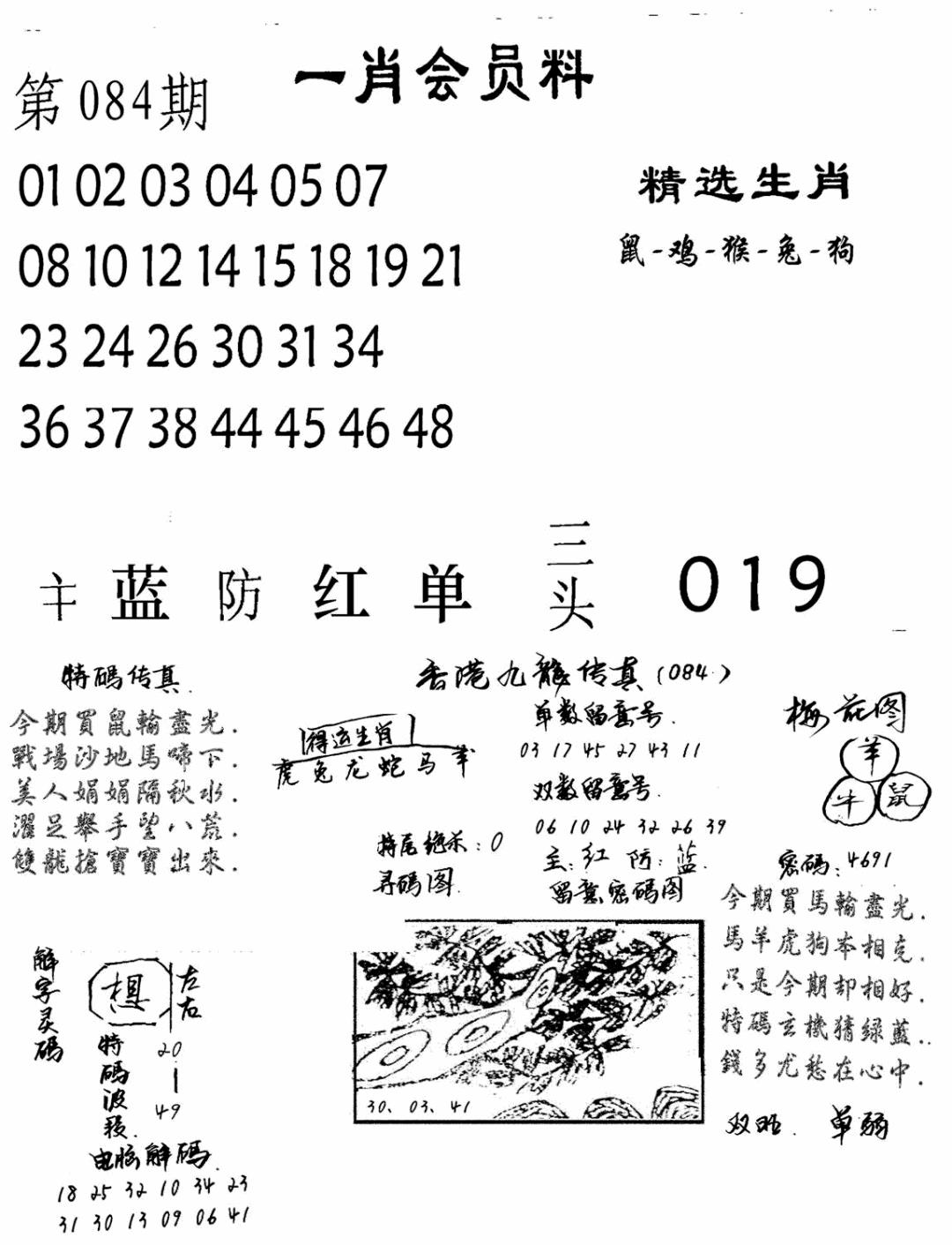 六合彩084期一肖会员料(黑白)