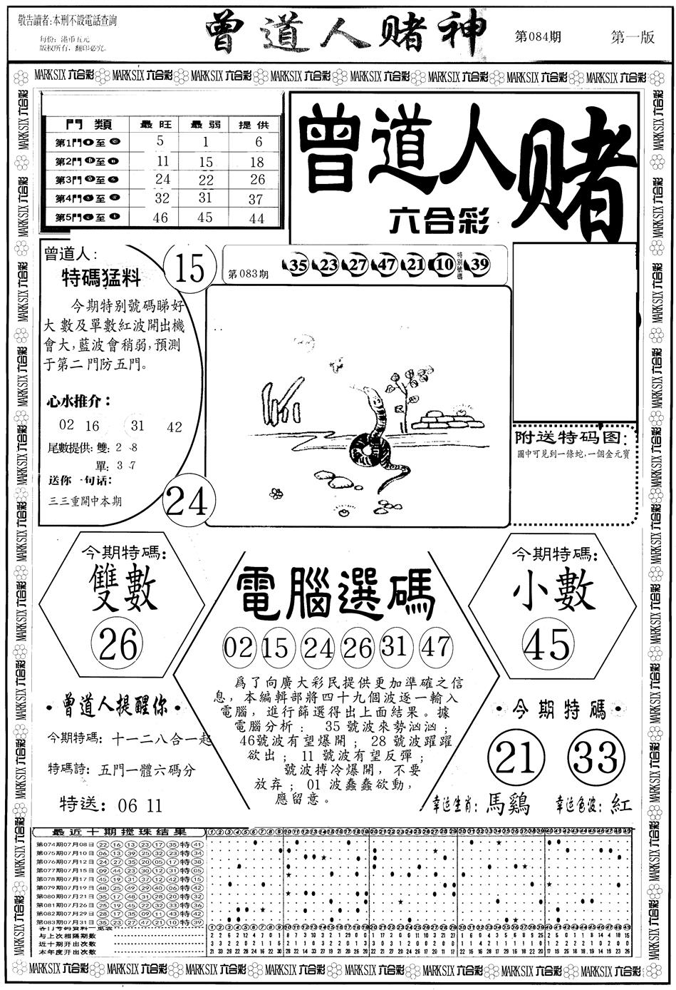 六合彩084期另版曾道人赌神A(黑白)
