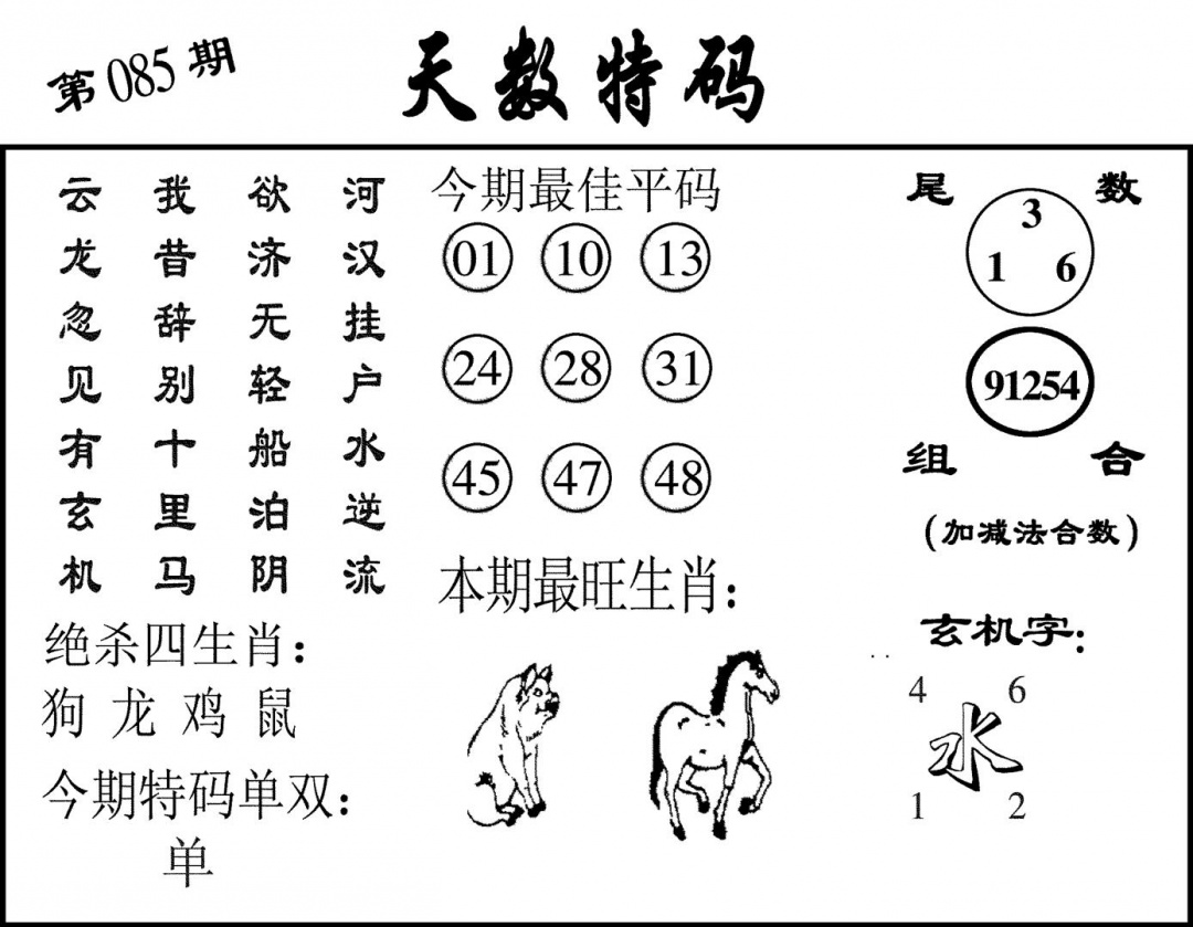 六合彩085期天数特码(黑白)