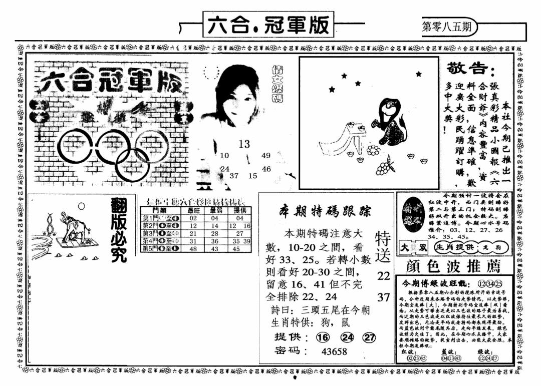 六合彩085期六合冠军版A(黑白)