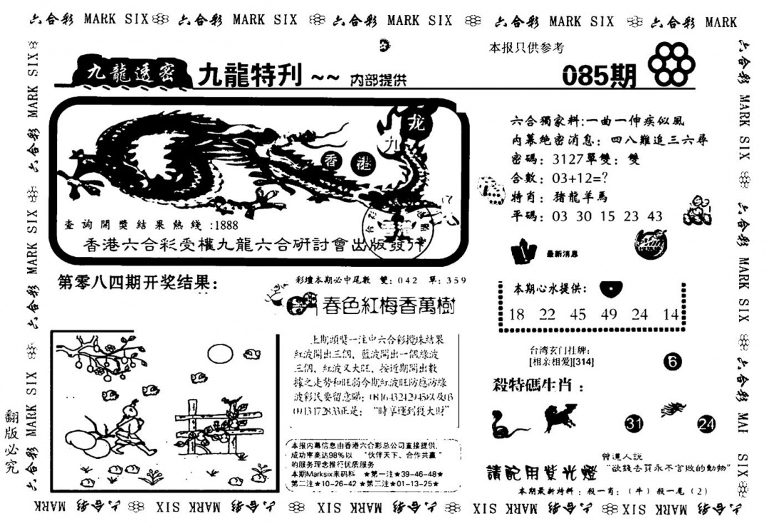 六合彩085期九龙特新刊(黑白)