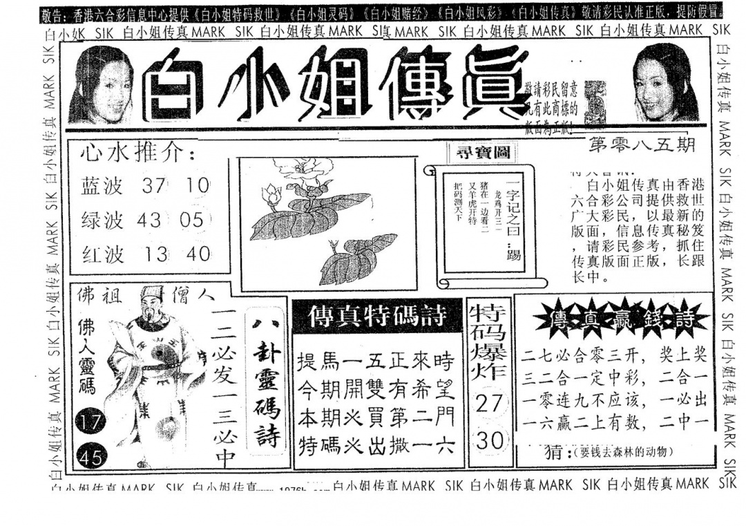 六合彩085期白姐传真(黑白)