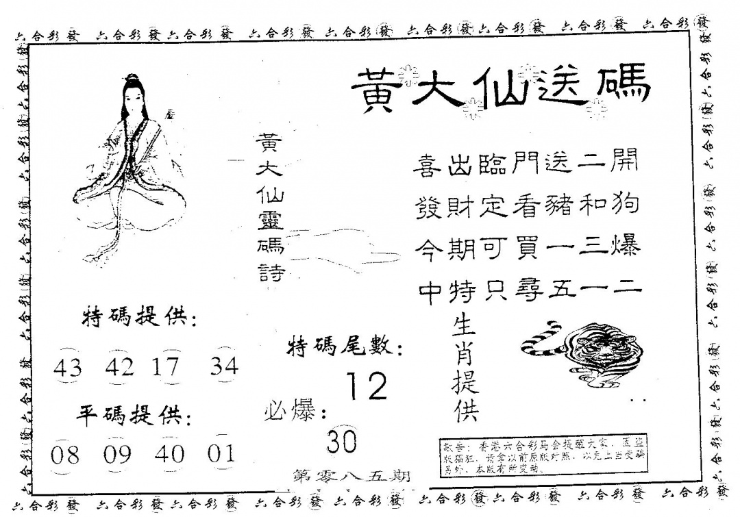 六合彩085期黄大仙送码B(黑白)