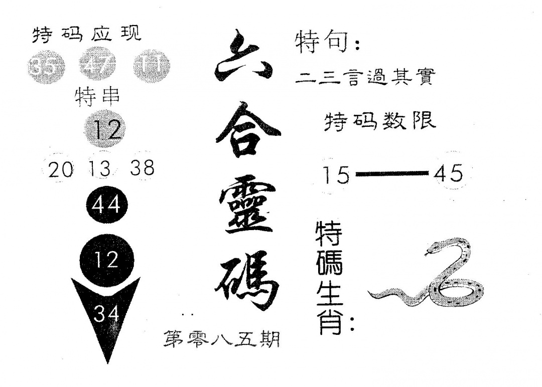 六合彩085期六合灵码(黑白)