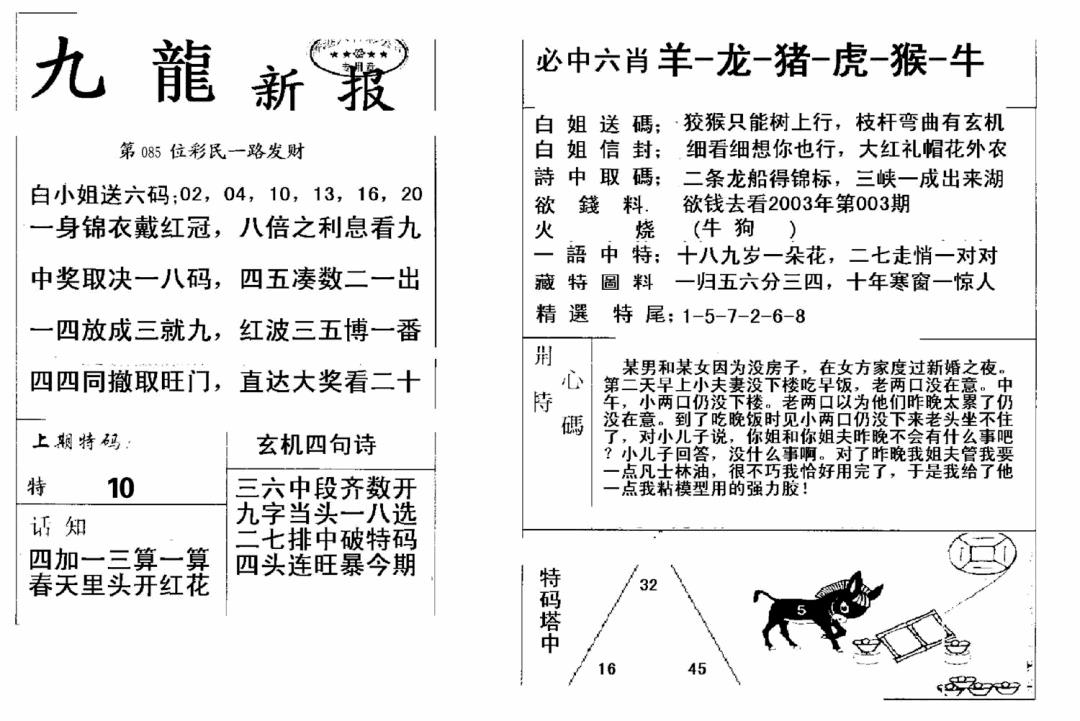 六合彩085期九龙新报(新)(黑白)