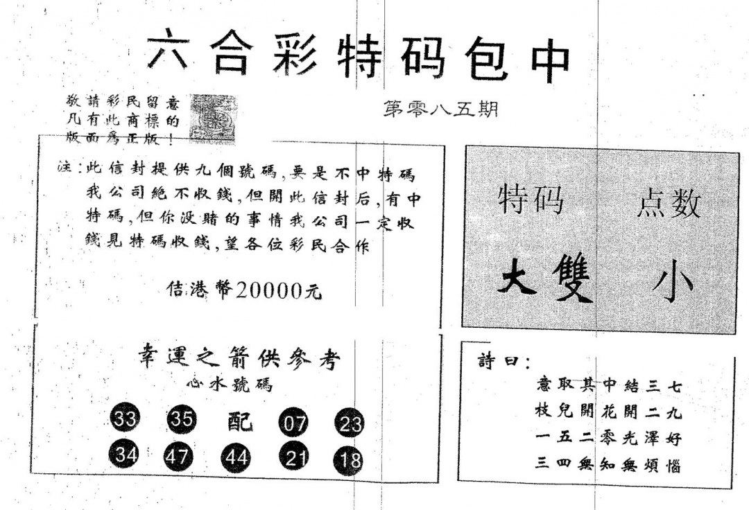 六合彩085期20000包中B(黑白)