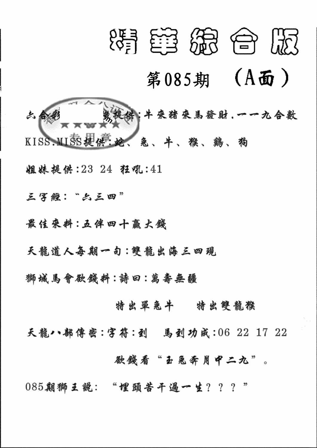 六合彩085期精华综合A(黑白)