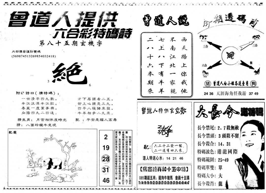 六合彩085期另版曾内幕B(黑白)