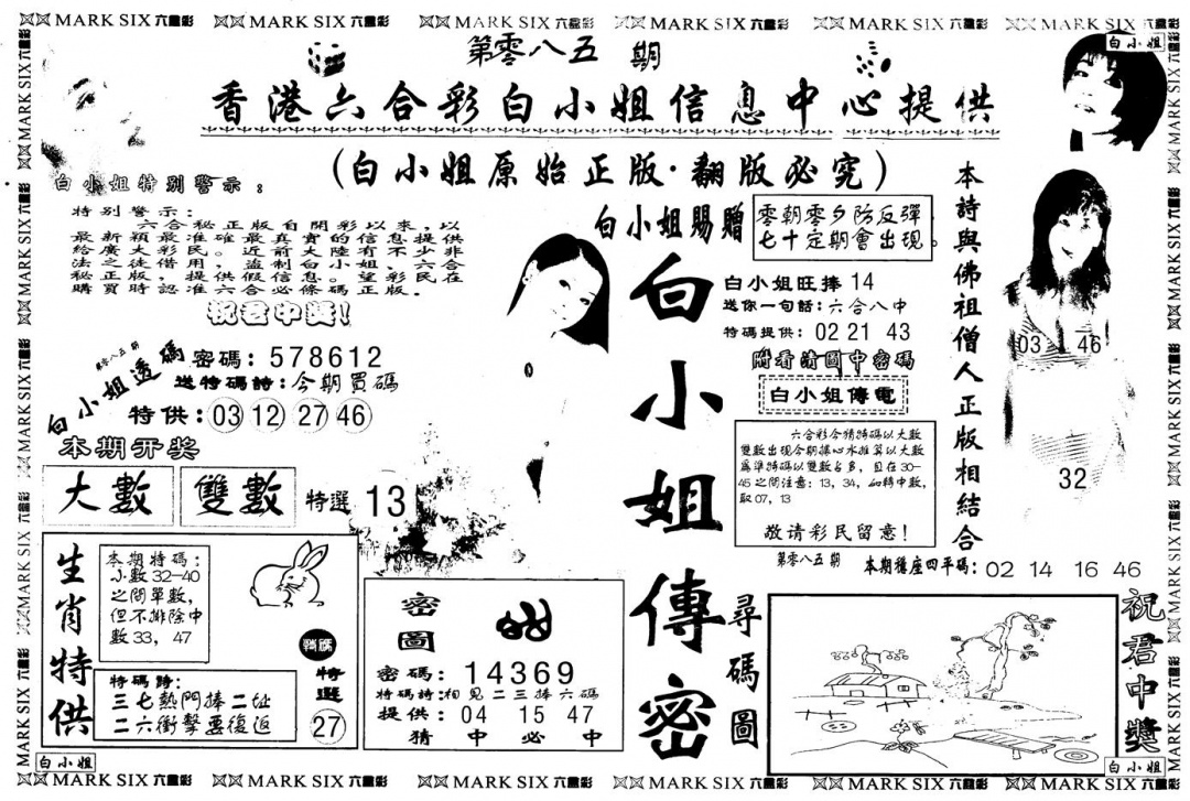 六合彩085期另版白姐传密A(黑白)
