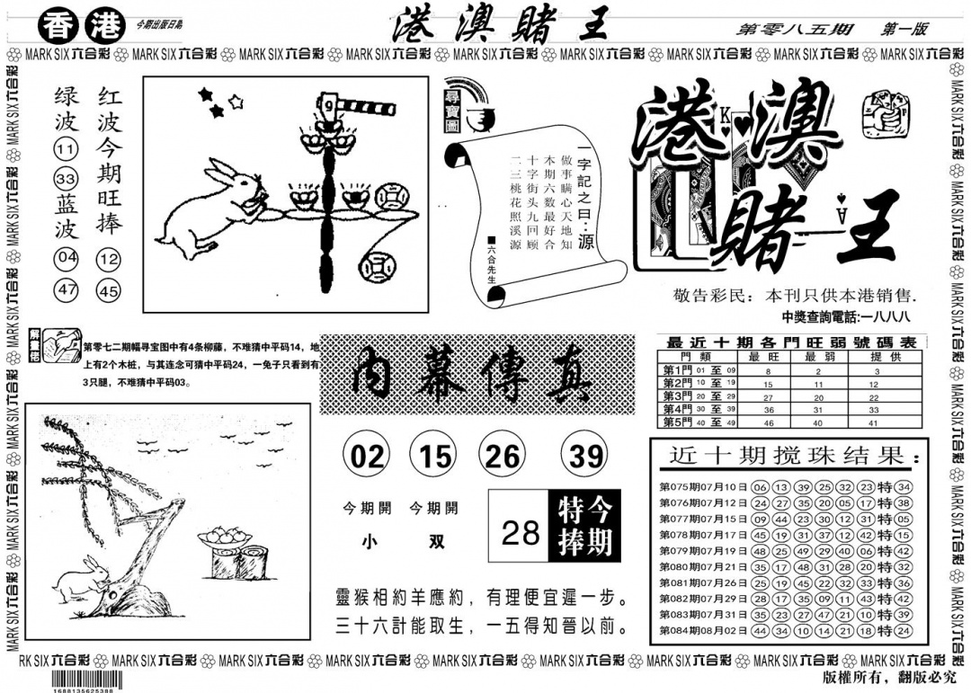 六合彩085期另版港澳赌王A(黑白)