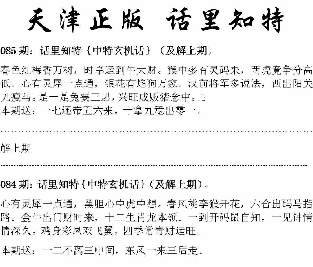 六合彩085期天津正版话里知特(黑白)