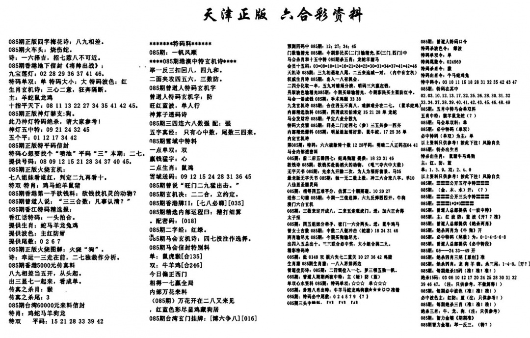 六合彩085期天津正版六合彩资料(黑白)