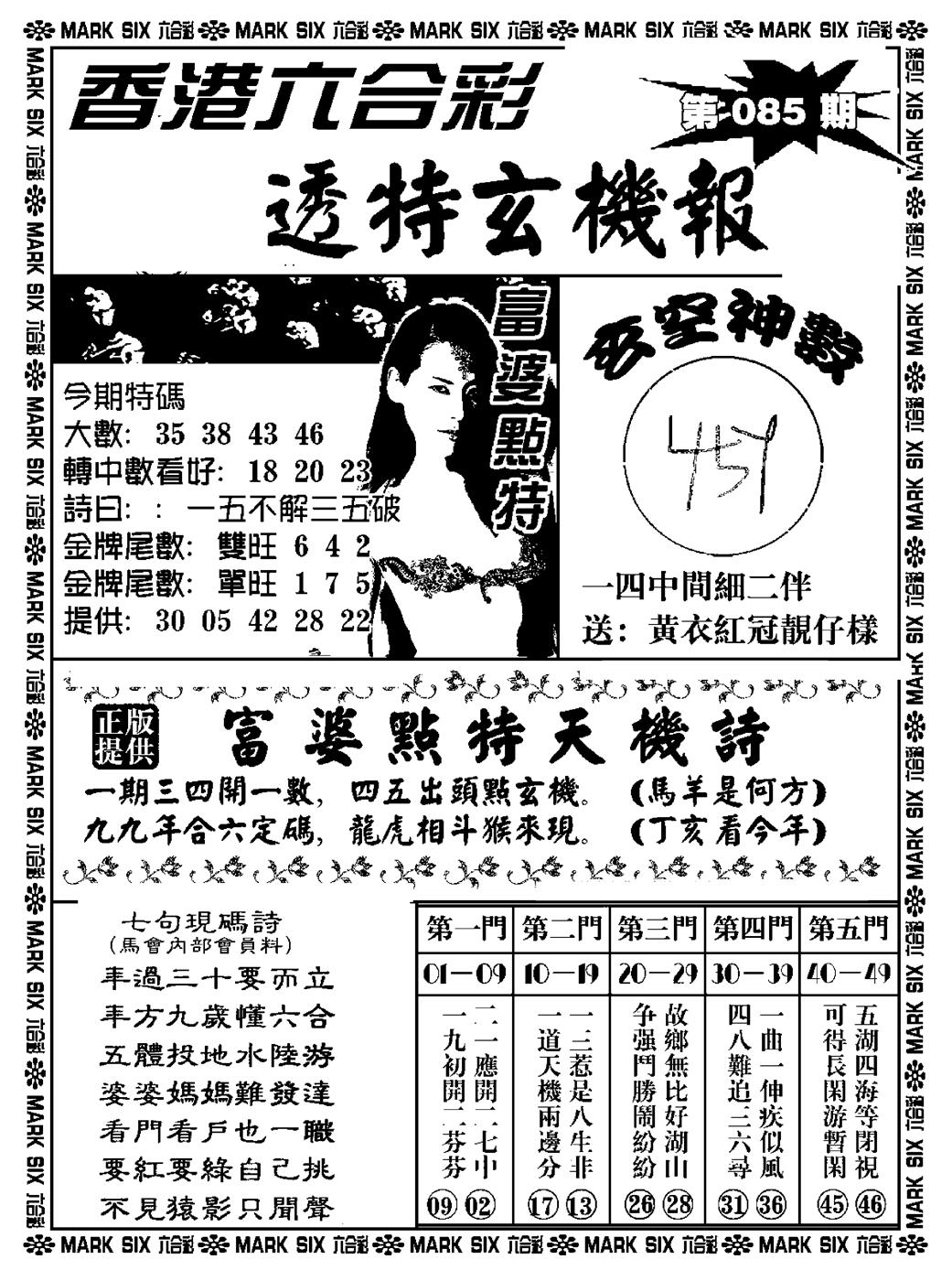六合彩085期透特玄机报(新料)(黑白)