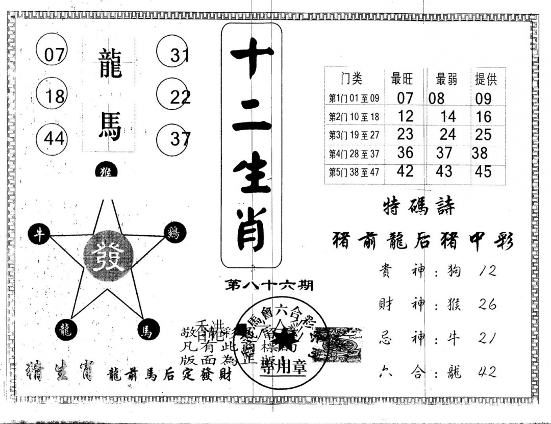 六合彩086期另版十二生肖(黑白)