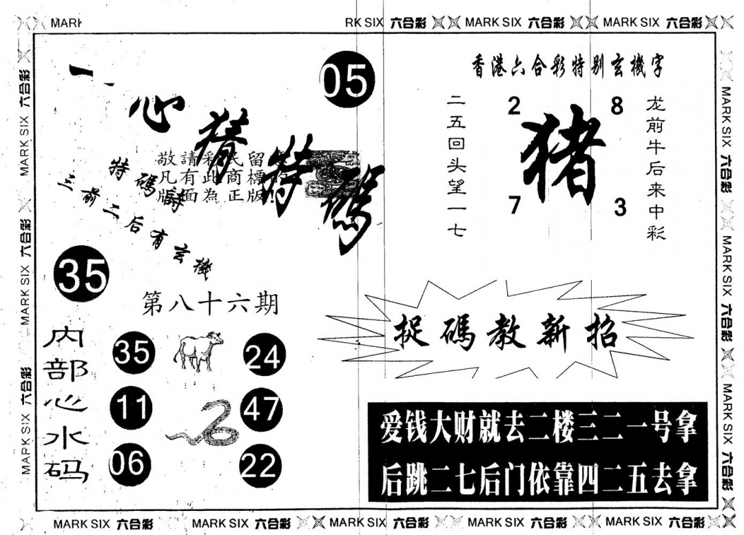 六合彩086期另版一心猜特码(黑白)