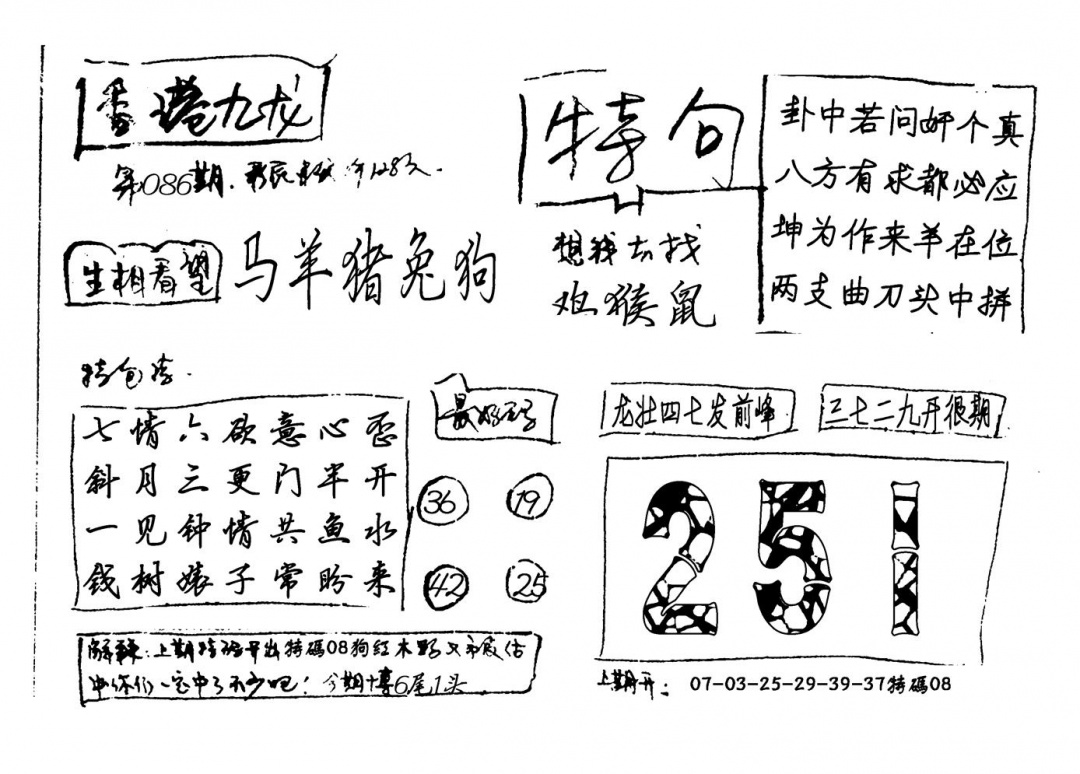 六合彩086期香港九龙(新图)手写(黑白)