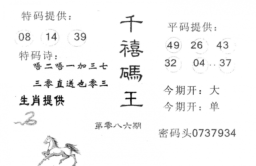 六合彩086期千禧码王(黑白)