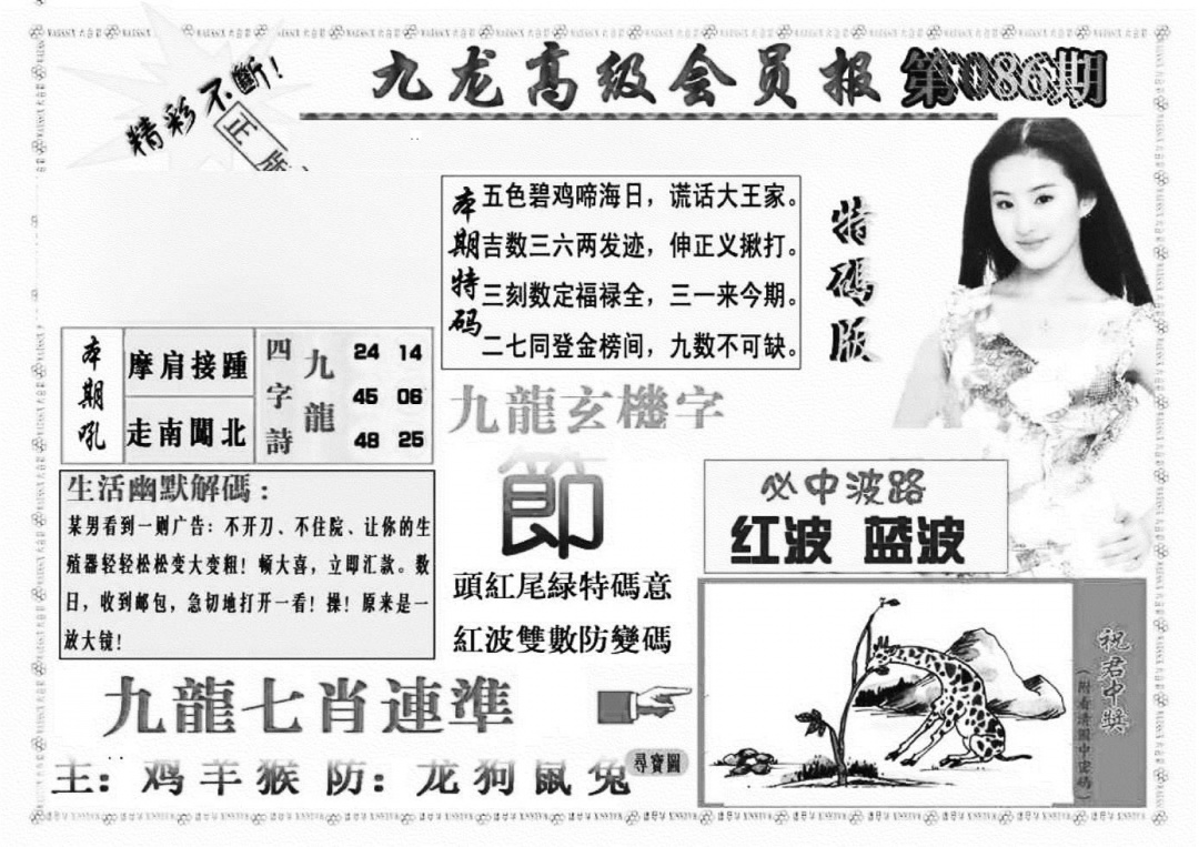 六合彩086期九龙高级会员报(新图)(黑白)