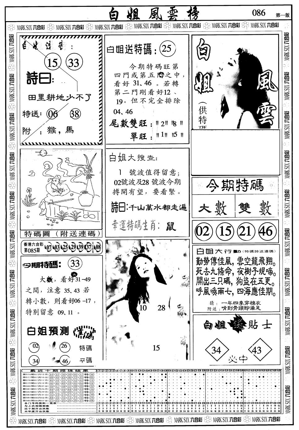 六合彩086期另版白姐风云榜A(黑白)