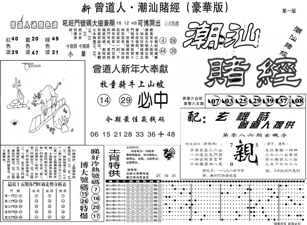 六合彩086期另潮汕赌经濠华版A(黑白)